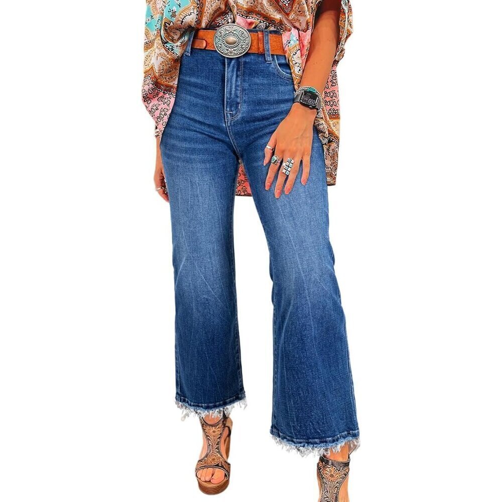 Womens High Waisted Flared Jeans Raw Hem Stretchy Denim Size 10